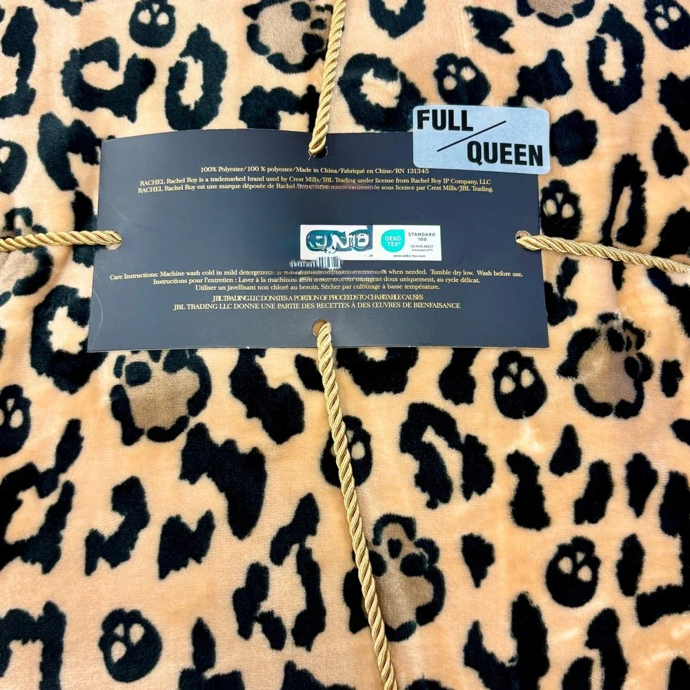 Rachel Roy Halloween Plush Blanket Full Queen Leopard Skull Print Tan Black
